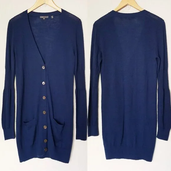 Vince 100% Cashmere V Neck Longline Cardigan S Lightweight Blue Button Pockets - Picture 12 of 16